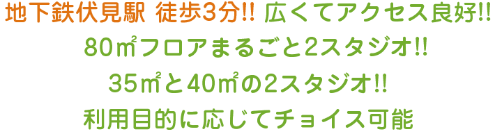 地下鉄伏見駅　徒歩3分！！広くてアクセス良好！！80㎡フロアまるごとスタジオ！！35㎡と40㎡の2スタジオ！！利用目的に応じてチョイス可能